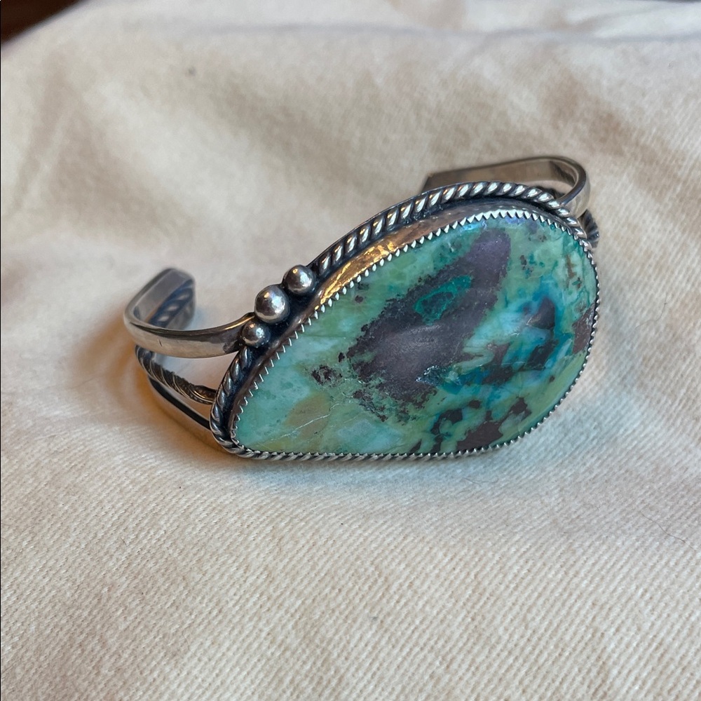Huge Vintage Chunky Heavy Chrysoprase and .925 Sterling Silver Cuff Bracelet